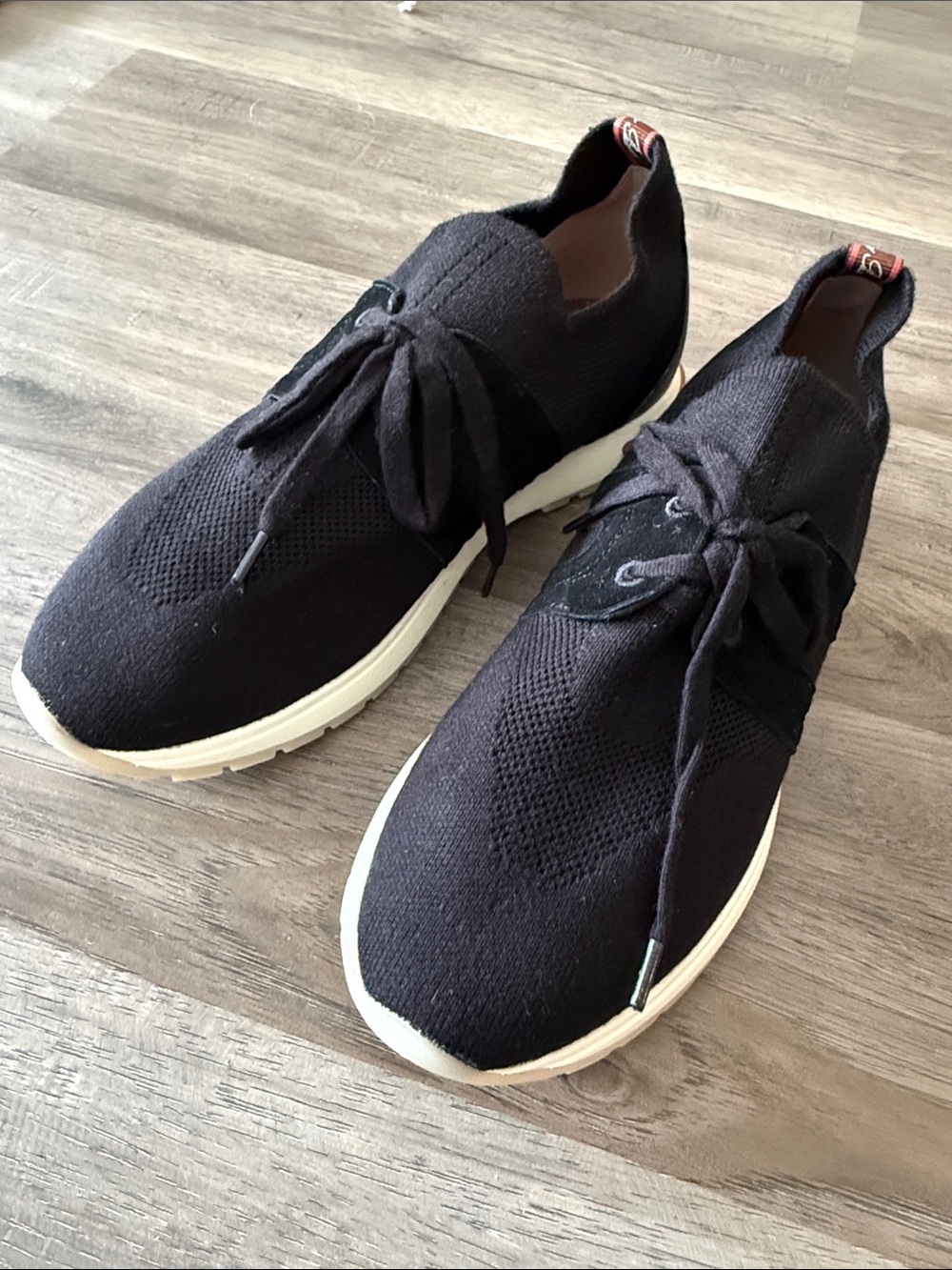 Loro Piana Black Knit Lace-Up Sneakers with Cream Sole